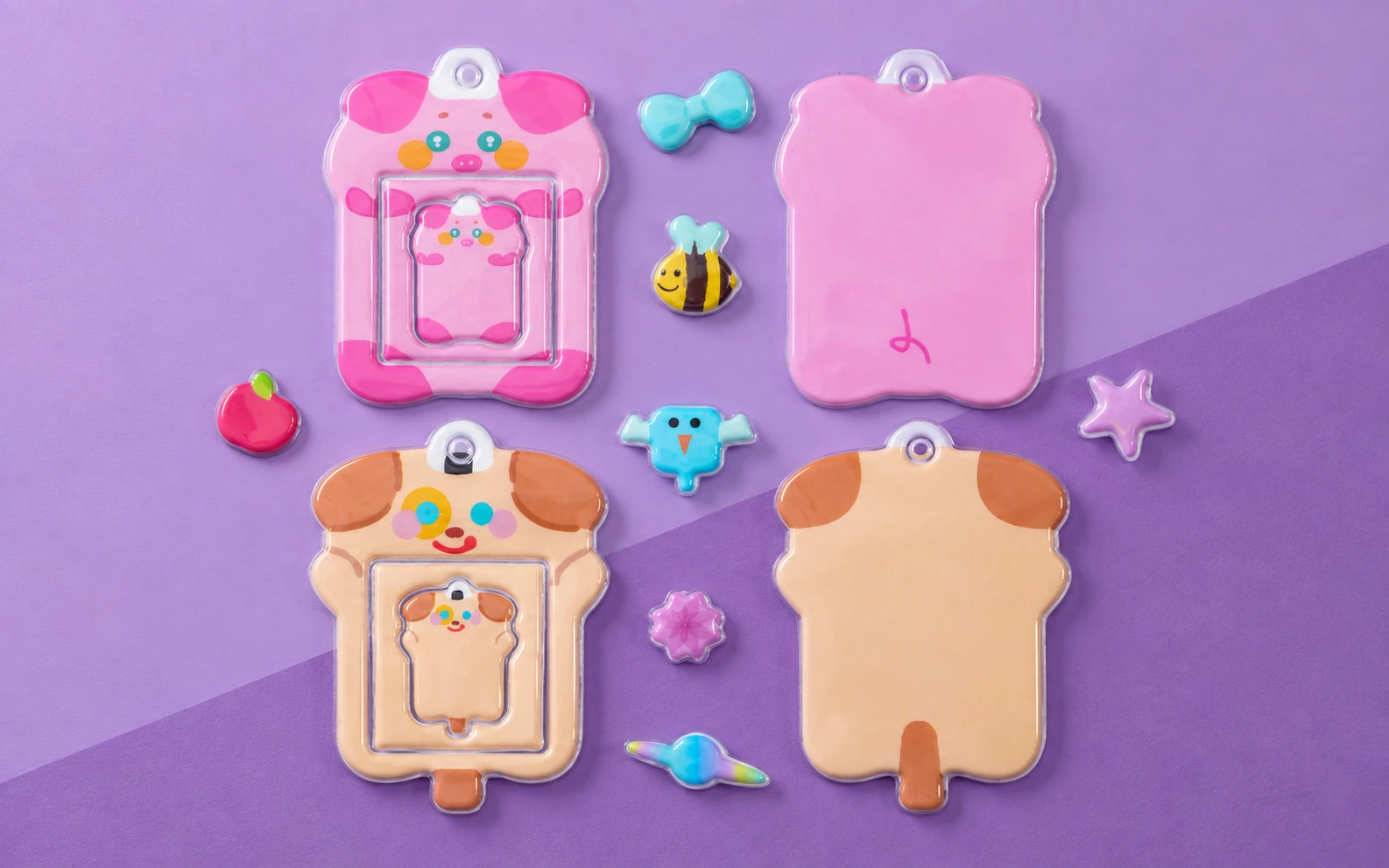 Pink and peach animal-shaped puffy stickers with small decorative shapes.