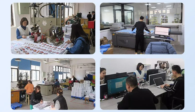 Custom Puffy Stickers production workshop, printing equipment and office team