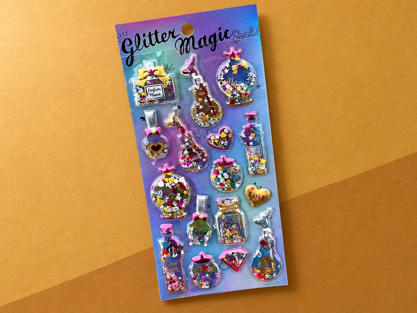 Glitter puffy stickers shaped like perfume bottles and hearts
