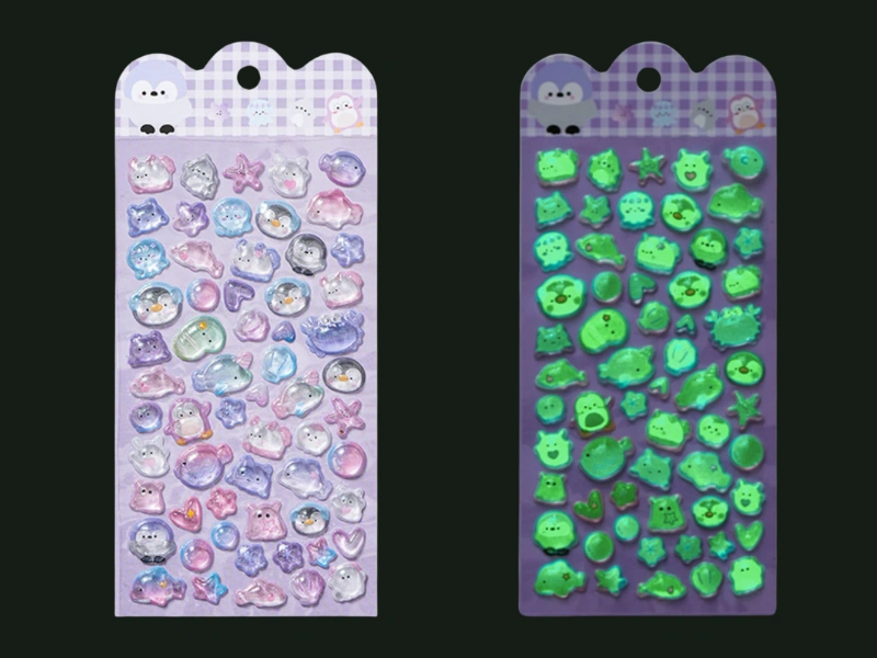 Custom 3D raised glow-in-the-dark sticker sheets in daylight and green afterglow