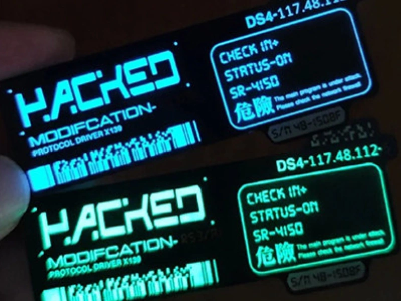 Custom glow-in-the-dark rectangular labels with cool aqua and blue afterglow