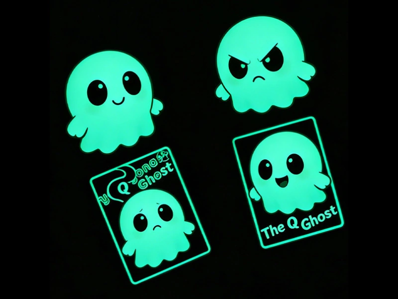 Custom full-glow die-cut stickers glowing bright aqua on a dark background