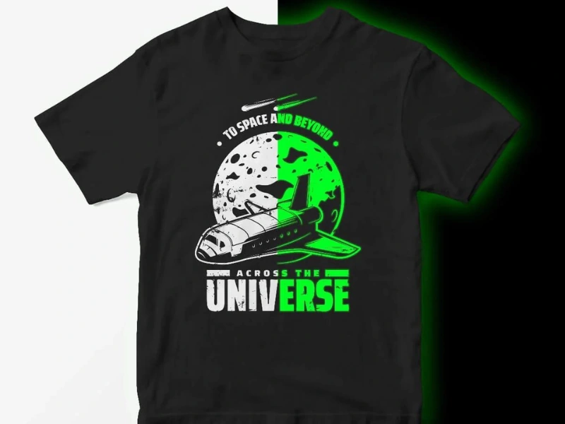 Custom glow-in-the-dark apparel heat transfer on a T-shirt in day and night views