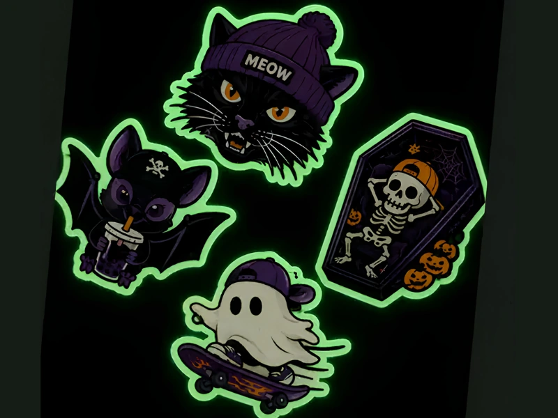 Custom spot-glow vinyl stickers for brand merch, swag, and packaging