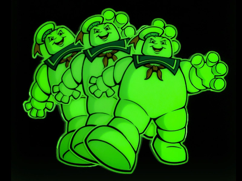 Custom glow-in-the-dark vinyl stickers glowing bright green in darkness